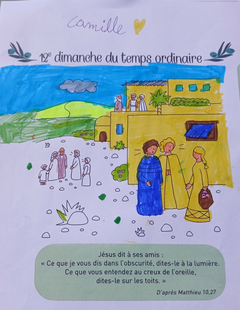 Le coloriage de l'évangile du jour realisé pendant la messe et offert aux offrandes à la table du Seigneur par les petits artistes