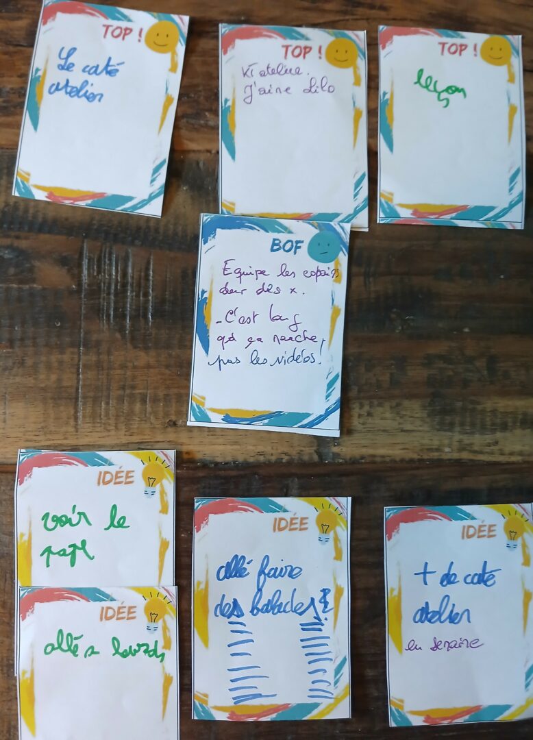 Apres avoir ensemble repris le calendrier de rencontres caté de sept à juin, les enfants ont réfléchi aux moments "top", "bof" et "idées" pour que les "top" se renouvellent, que les "bof"trouvent des solutions et se transforment en JOIE.