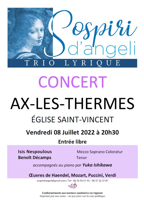 Concert vendredi 8 juillet 2022 à Ax-les-Thermes.
Sospiri d'angeli, Trio Lyrique