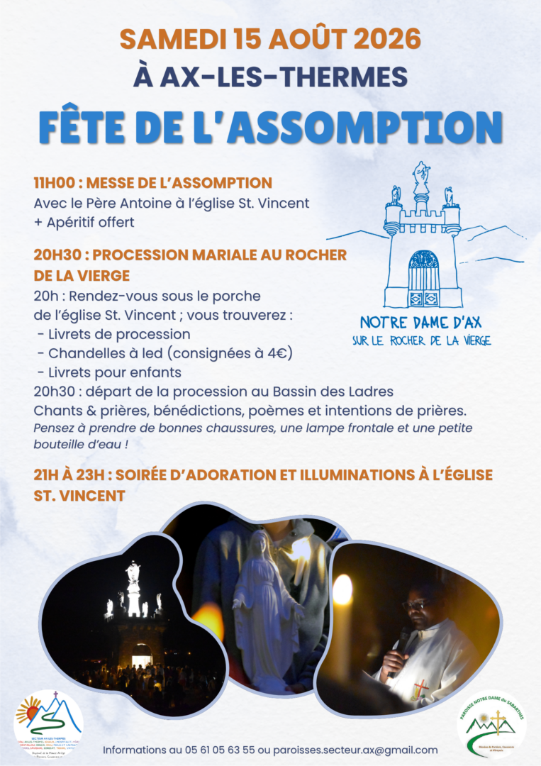 affiche 15 aout 2026 assomption ax-les-thermes avec les détails et informations sur les differents temps de la journée (messe, procession et illuminations)