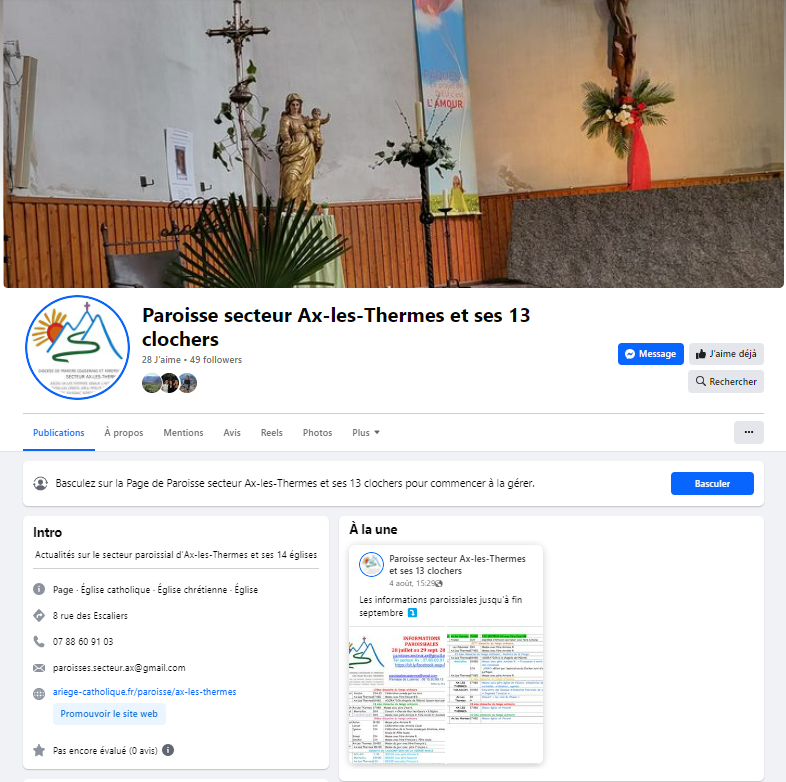 Page Facebook Paroisse secteur Ax-les-Thermes et ses 13 clochers